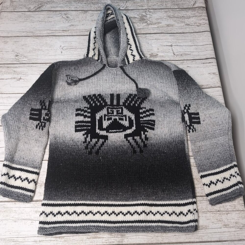 Black Grey and Cream Dense Hand Knit Chunky Knit Wool Jumper Traditional Hooded
